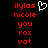 Red pixelated text on black background with white heart symbol; two identical side-by-side layouts of 'ilylas', 'nicole', 'you', 'rox', 'vat' in red, one featuring a white heart above 'ilylas'.