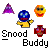 Pixelated icon set with four distinct shapes and text reading 'Snood Buddy' on gray background.