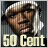 Pixelated static image of a person with brown hair wearing a white cap, holding a silver microphone against a dark background with large text reading "50 Cent" at the bottom.