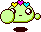 A 4-frame pixel art animation of a green cartoon character with heart-shaped accessories, showing mouth and eye expression changes across frames.