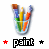 A glass container holding multiple paintbrushes with colored bristles, displayed with varying star and punctuation symbols beneath the word 'paint'.