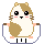 Pixelated hamster-like character with brown and white fur, pink cheeks, black eyes, and a black nose, holding a blue jump rope against a gray background.