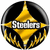 Circular icon with black background, silver border, and golden starburst design featuring 'Steelers' text in white pixelated font.