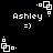 Pixelated white text 'Ashley =)' on black background with repeating geometric corner elements in a