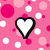 Pixelated pink background with white and pink circles; three white hearts with black outlines positioned at top-left, top-right, and bottom-left.