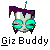 Pixel art buddy icon featuring a cartoonish character with large teal eyes, purple hair, and the text "Giz Buddy" below it on a gray background.