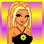 Pixelated image of a person with blonde hair wearing a black top and necklace with yellow star-shaped pendant on purple-yellow gradient background.