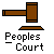 Brown gavel with black outline on gray background, below which is white text reading "Peoples Court" with an underscore under "Peoples".