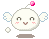 Pixelated white circular character with pink cheeks, brown smile, and small wings; pink gem on head; gray background.