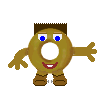 Pixelated cartoon character with donut-shaped body, brown hair, blue eyes, red mouth, and brown boots in four distinct poses.