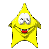 Yellow star-shaped character with white eyes and red mouth in various poses against gray background.