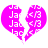 Two pink heart-shaped speech bubbles with white text; left bubble reads "Ja Ja Je" and right bubble shows "<3 <3" symbols.