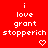 Red background with white text 'i love grant stopperich' and animated heart/arrow symbols changing below the text across frames.