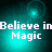 A 4-frame animated contact sheet showing a pixelated teal background with white text "Believe in Magic" and subtle light effects that shift across frames.