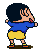 Pixelated cartoon character in blue shirt and yellow shorts performs sequential arm movements against gray background.