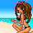 Pixelated beach scene with a woman in a bikini sitting on sand, blue sky and ocean background, pink text elements scattered across the image.