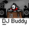 Animated contact sheet of a pixel art DJ character performing various actions behind turntables with speakers in the background, each frame labeled "DJ Buddy" below.