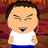 Pixelated cartoon character with closed eyes, open mouth, and brown hair wearing white shirt and blue pants against red-brown background