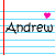 Animated icon with 'Andrew' text on lined paper background, pink hearts move across the frame.