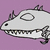 Pixelated fish icon with white body, black eyes, and sharp teeth against purple background.