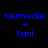 Four identical blue pixelated text arrangements on black background, each reading 'Kennedie + Paul' in two lines.