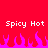 Red background with white text "Spicy Hot" repeated twice above pink and red pixelated flames.