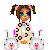 Pixel art contact sheet showing two frames of an animated icon featuring a cartoon girl with pigtails and bunny ears, wearing a patterned pajama top, standing between two white bunnies on a gray background.