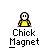 Animated contact sheet of 17 pixel art frames showing a yellow stick figure character interacting with other characters in various poses and groupings, all labeled "Chick Magnet" below each frame.