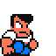 Pixel art character in white shirt and blue pants shown across multiple poses with varying arm positions and facial expressions.