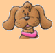 Brown cartoon dog with pink collar in multiple poses against peach background.