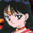 Anime character with dark hair and red outfit, side profile against black background with pixelated text.