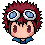 Four pixel-art character head views with spiky red hair, goggles, and blue collar; expressions vary from wide-eyed to closed eyes.