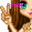 Pixelated anime-style character with brown hair and green eyes making a peace sign, pink text reading "Peace" above the head.