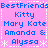 Pixelated pink background with blue text listing names and "BestFriends" repeated, framed by white dashed lines and snowflake symbols.
