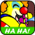 A 50x50 pixel animated buddy icon featuring a yellow cartoon character with a red nose, purple limbs, and blue accents running on a green background with "HA HA!" text.
