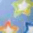 Pixelated image with abstract shapes in blue, green, yellow, and orange hues against a light background.