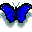Pixelated blue butterfly with black outlines and light blue accents on wings and antennae against gray background.