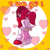 Pixelated cartoon girl with red hair in pigtails, purple dress, red shoes, and pink hearts on a yellow background.