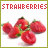 Two side-by-side animated frames of a strawberry-themed buddy icon with pixelated text and fruit imagery, each frame showing slightly different border colors and subtle variations in the strawberries' appearance.