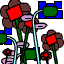 A 4-frame animated contact sheet of pixelated flower icons with changing colors and background blocks, arranged in a 2x2 grid on a gray transparency background.