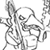 Static grayscale pixel art of a stylized character with exaggerated features and dynamic pose, rendered in low-resolution 50x50 pixels on white background.