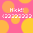 Pixelated pink background with yellow circles and repeated white text 'Nick!!' and '<33333333' in four quadrants.