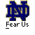 Two identical static frames of a Notre Dame-themed buddy icon with blue and gold interlocking letters, white text below, and red/black promotional text on the right side against a gray background.