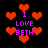 Pixelated red hearts float around purple text reading 'I LOVE BETH' on a black background.