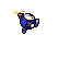 Pixel art character in blue and white armor with orange accents, performing a series of animated actions against gray background.