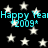 Black background with white stars and cyan text repeating 'Happy Yeah! 2009*' in a pixelated style.