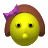 A pixelated yellow circular face with brown hair, a purple bow, black eyes, and a small yellow mouth on a gray background.