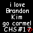 Pixelated text on black background with red heart symbol, showing 'i love Brandon Kim go carmel CH5#1' in white and red pixels.