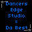 Pixelated blue text on black background with white star and dot patterns, showing repeated text blocks and changing star positions.