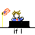 Animated pixel art of a character with brown hair and blue clothing seated at a desk, holding a yellow object while text below reads 'if I were president' against gray background.